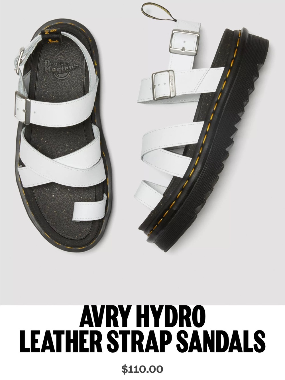 Dr. Marten White Avry Hydro Leather Strap Sandals